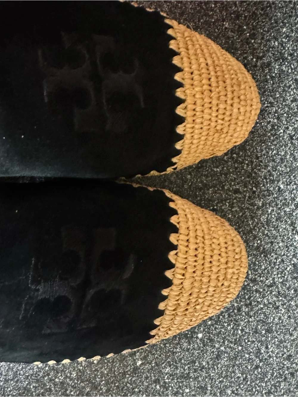 Tory Burch Black Suede Flats with Natural Raffia Trim
